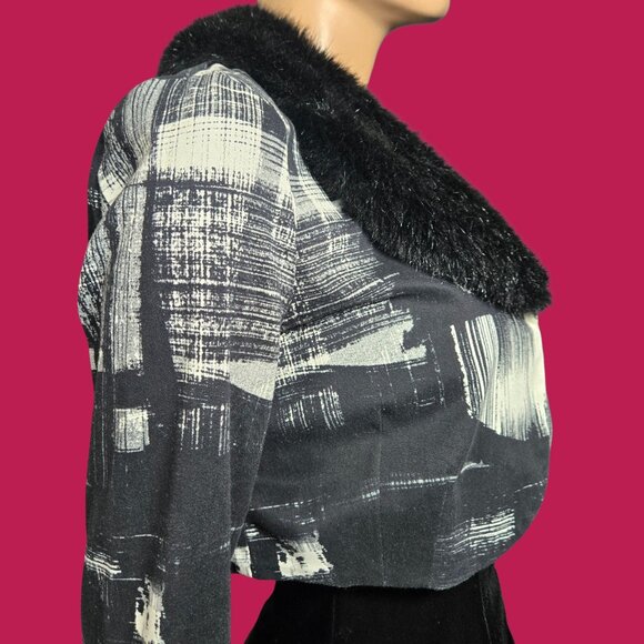 Vintage Bolero Jacket Faux Fur Collar Size L Black White Abstract Print Italy - Picture 12 of 13